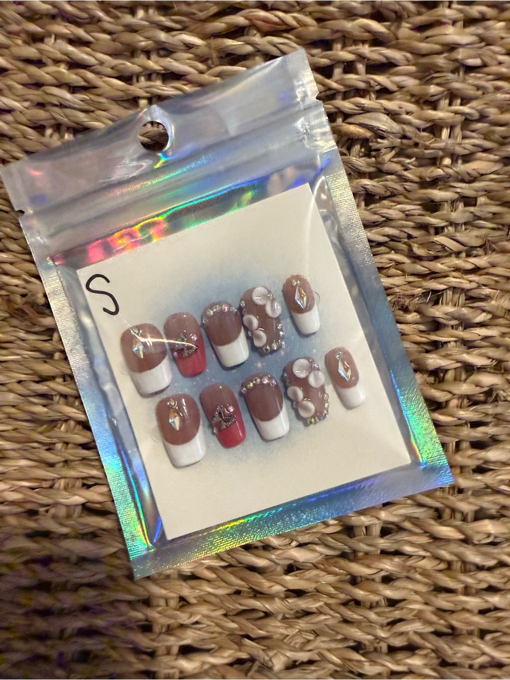 Chic Brown & White Press-On Nail Set with Pink Accents